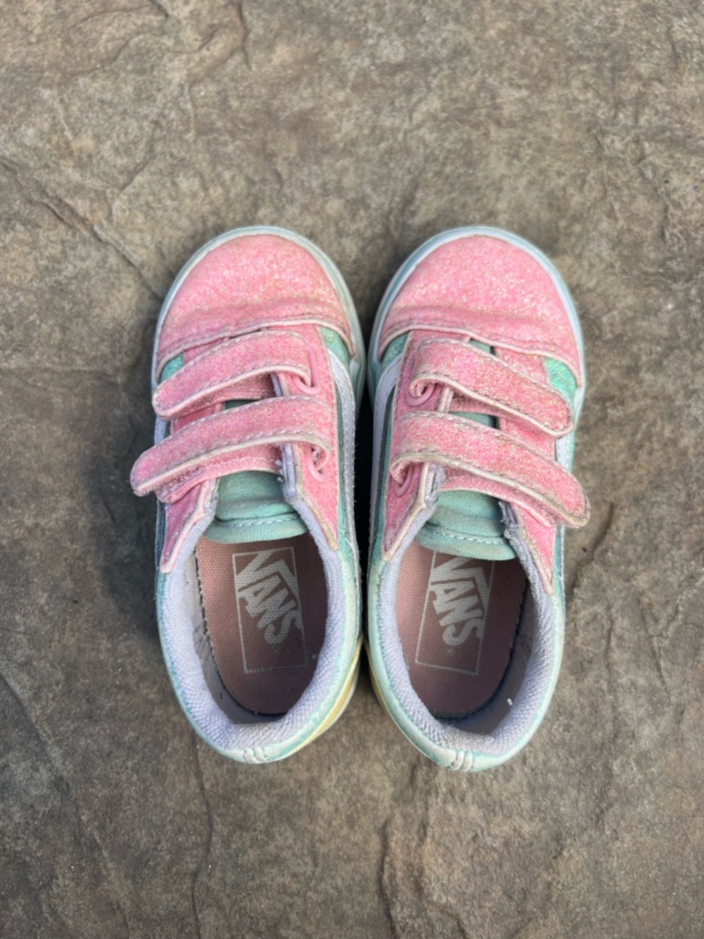 Vans Kids Pink Glitter and Mint Velcro Sneakers